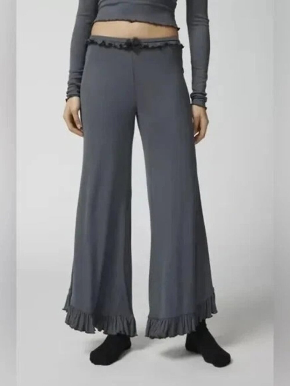Urban Outfitters Out From Under Sweet Dreams Ruffle Wide Leg Trousers Gray Sz. L